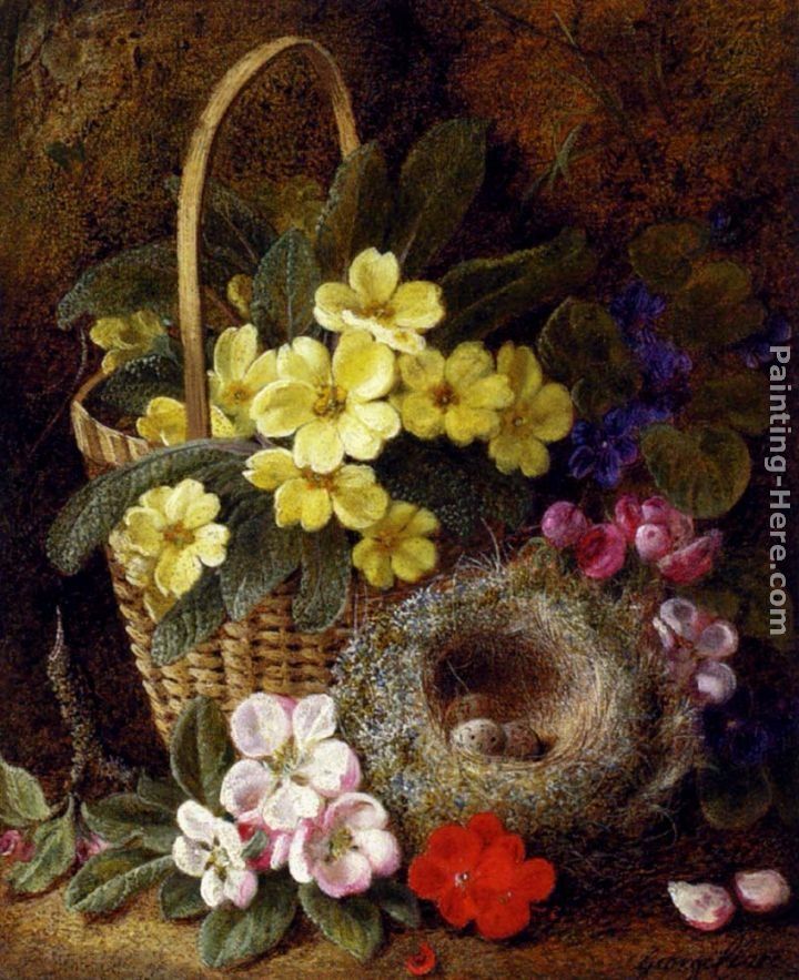 George Clare Still Life with Primroses, Violas, cherry Blossom and Geraniums and a Thrush's Nest